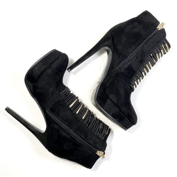 Bebe Black Suede Booties with Front Gold Accents - Picture 1 of 6